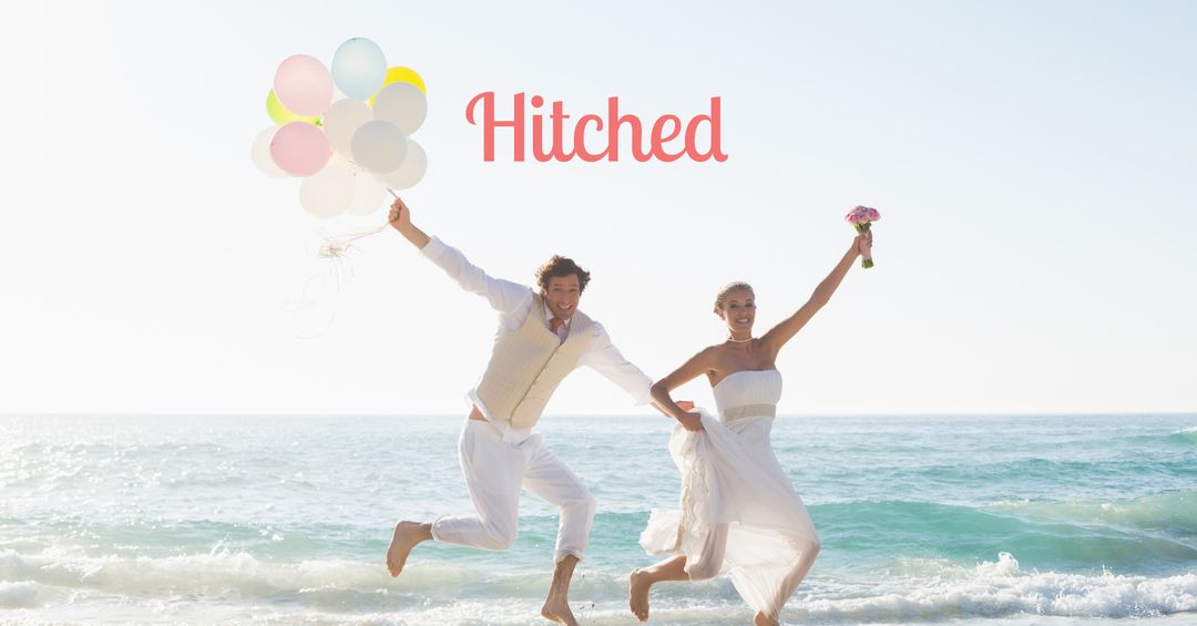 Happy Couple Celebrating Wedding on Beach with Balloons - Download Free Stock Templates Pikwizard.com