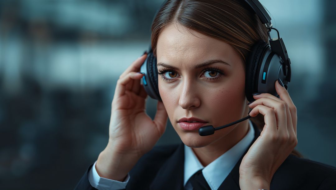 Focused Call Center Agent Adjusting Headset in Office Environment