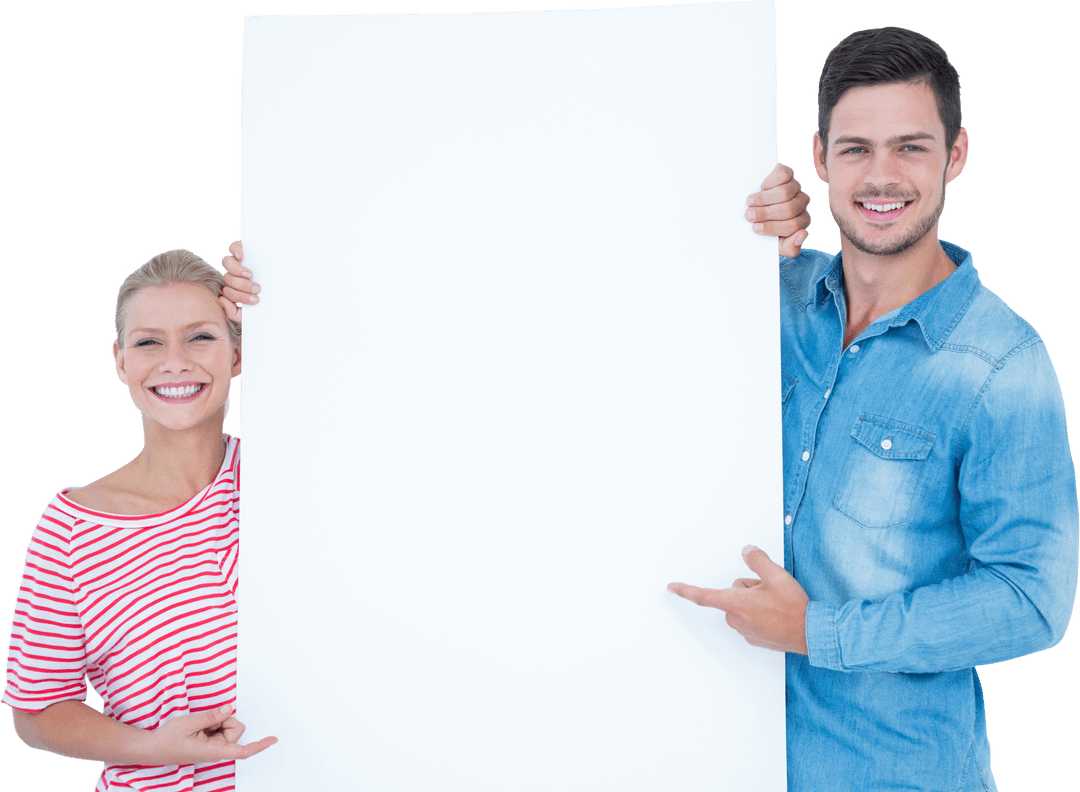 Couple Smiling and Pointing at Blank Transparent Sign for Advertisement