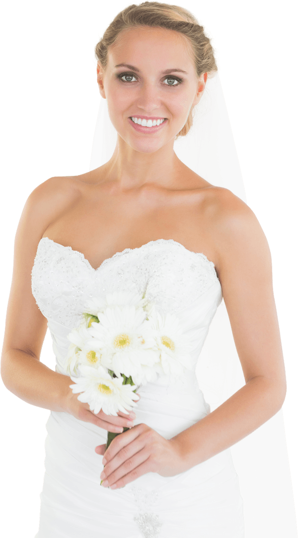 Smiling Bride Holding Bouquet on Transparent Background