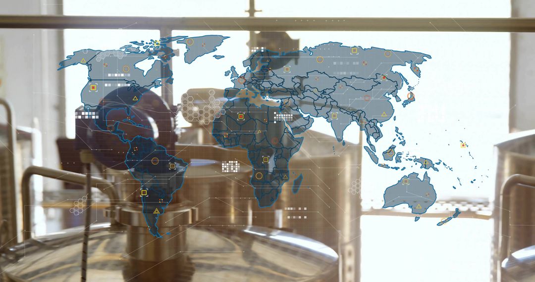 Futuristic Manufacturing with World Map Data Overlay in Industrial Plant