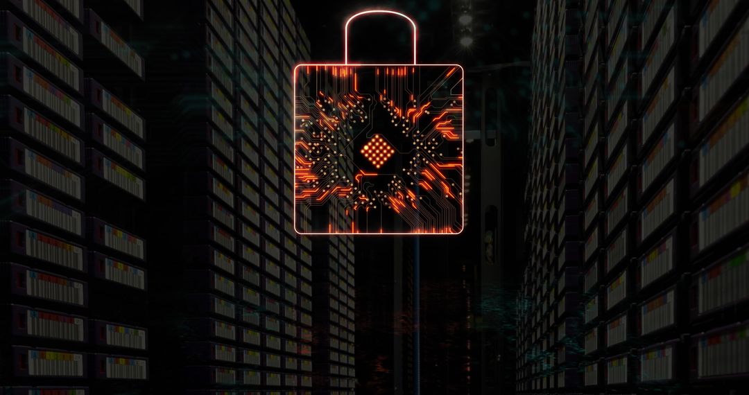 Padlock Icon with Circuit Board Overlaid on Data Servers