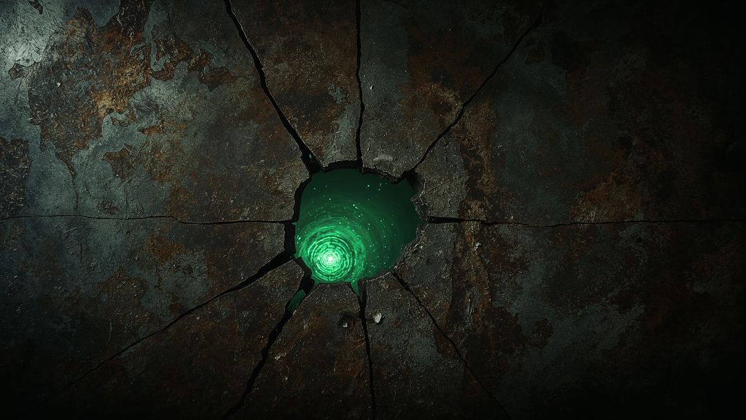 Glowing Green Vortex Through Rusted Metamorphic Surface