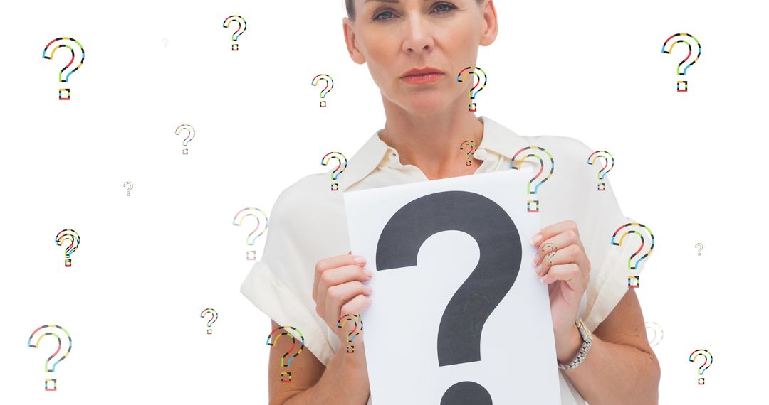 Caucasian Woman Holding Large Question Mark, Contemplative Expression