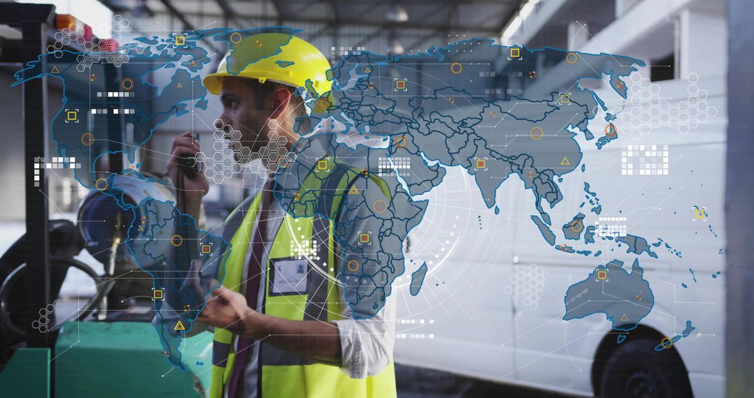 Dock coordinator directing warehouse operations with radio and global logistics overlay