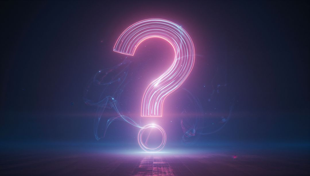 Futuristic Neon Question Mark Hovering in Dark Chamber