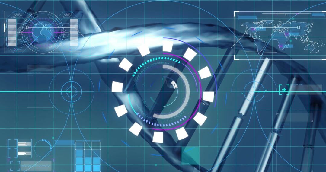 Futuristic Interface Overlaying DNA Strand Displaying Data Analysis