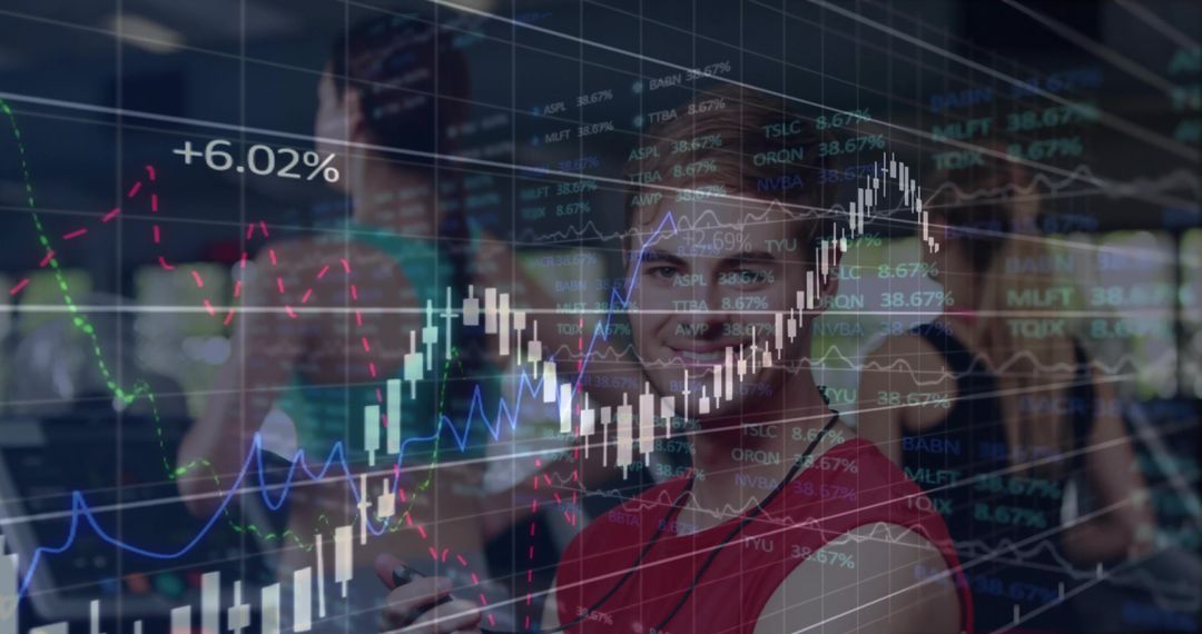 Gym Enthusiasts with Transparent Stock Market Analytics Overlay
