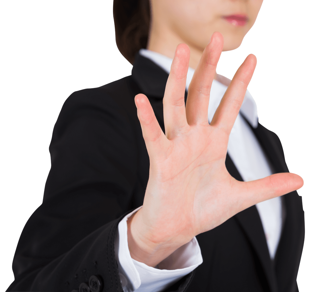 Asian Businesswoman Reaching for Virtual Interface on Transparent Background