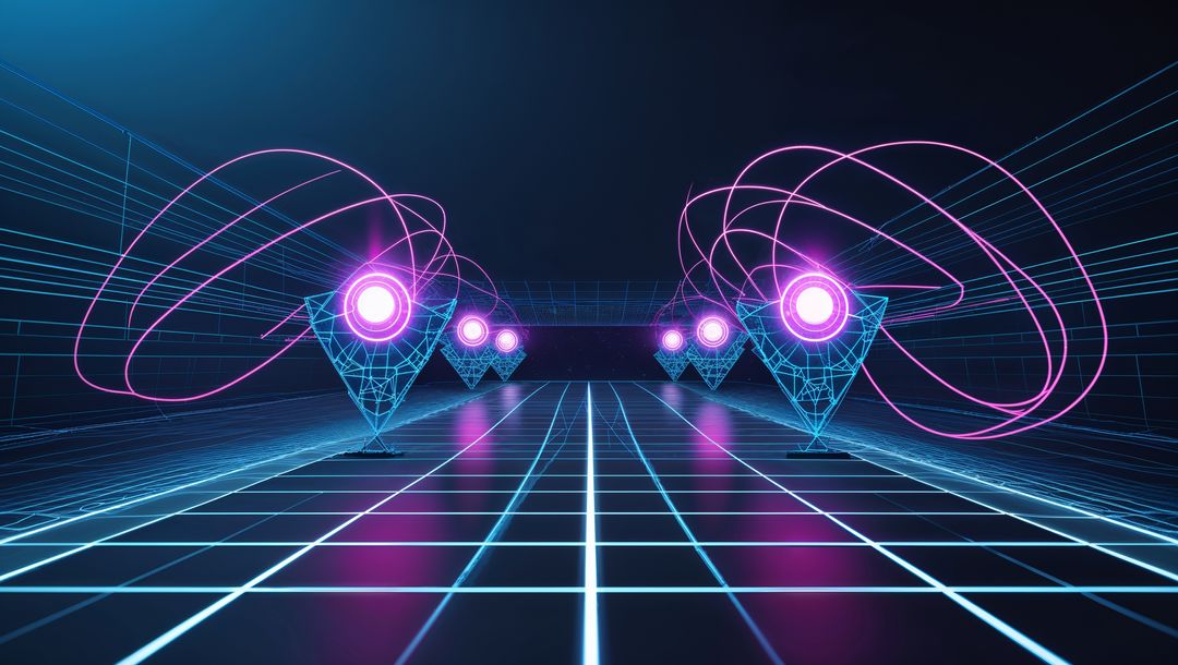 Futuristic Geolocation Pins in Neon Cyberspace Corridor