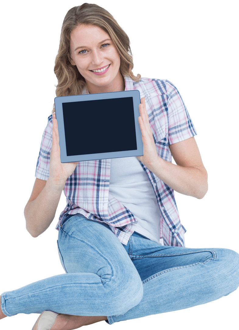 Smiling Woman Showing Transparent Tablet with Casual Outfit