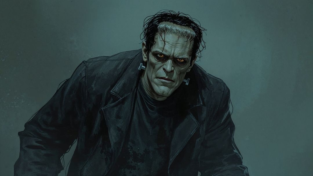 Gothic Humanoid Creature with Metal Neck Bolts in Moody Setting