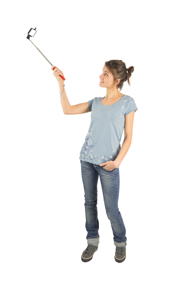 Woman Taking Selfie with Portable Stick on Transparent Background - Download Free Stock Images Pikwizard.com