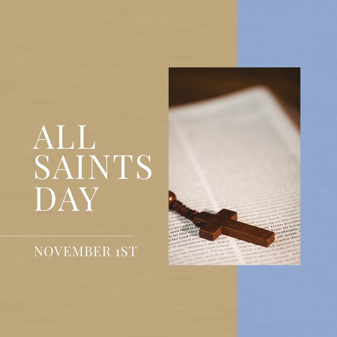 All Saints Day Text with Rosary on Beige and Blue Background - Download Free Stock Templates Pikwizard.com