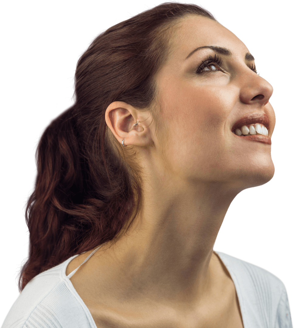 Thoughtful Smiling Woman Looking Up on Transparent Background
