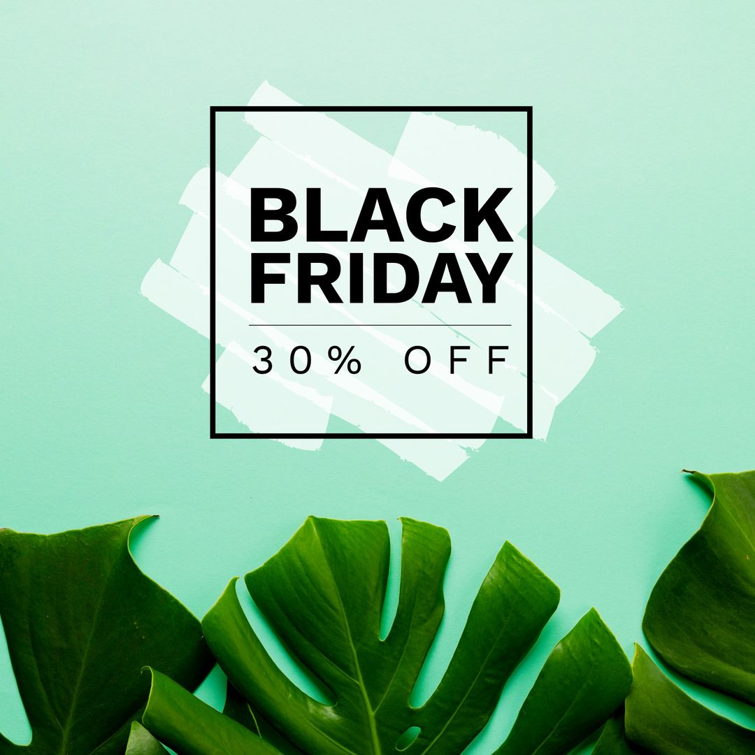 Black Friday 30% Off Announcement with Green Foliage
