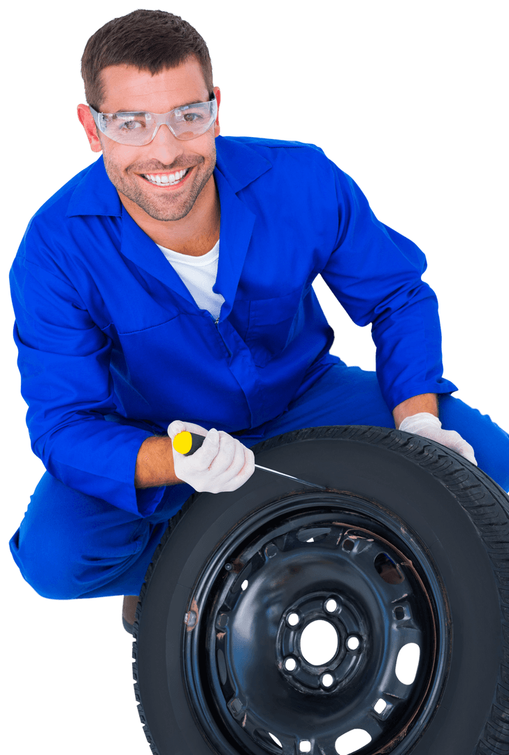 Transparent Smiling Mechanic Fixing Tire with Screwdriver