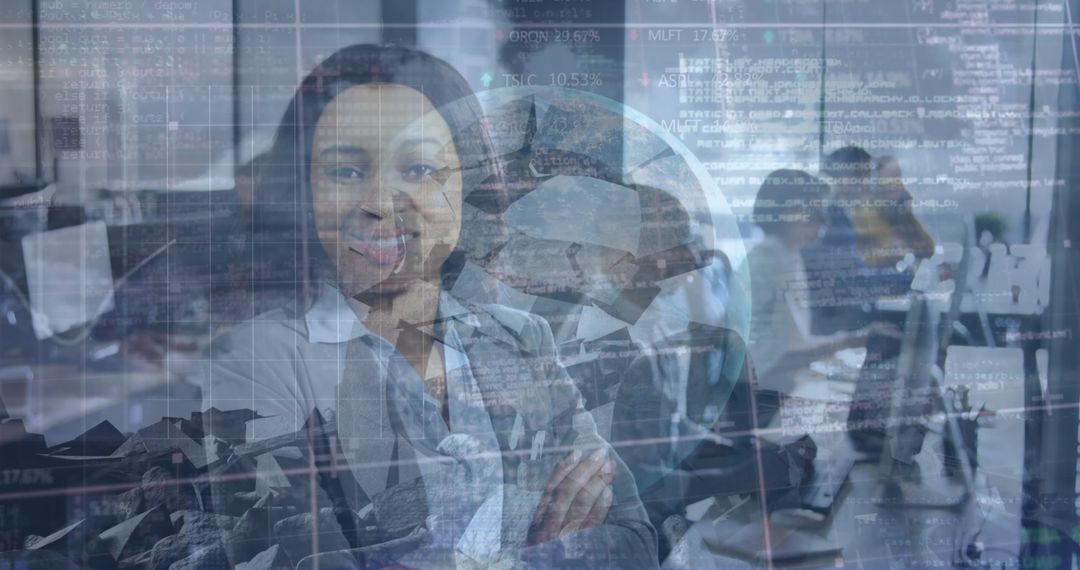 Diverse Team Collaborating Amid Financial Data Overlays in Modern Office