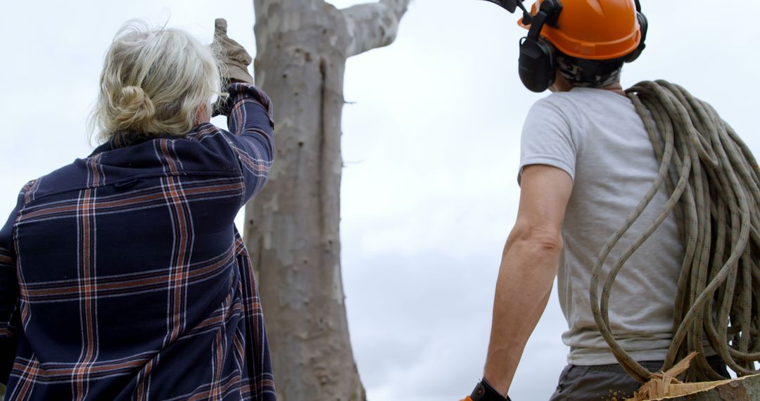 Arborist and Woman Discuss Tree Cutting Strategy in Outdoor Environment
