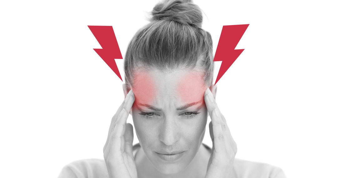Digital composite image of mid adult caucasian woman suffering from migraine on white background - Free Images, Stock Photos and Pictures on Pikwizard.com