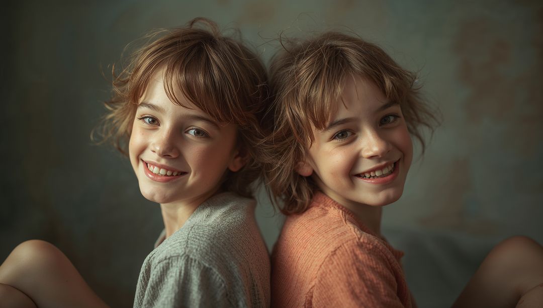 Smiling Twin Sisters Relaxing in Comfortable Sweaters in Cozy Home