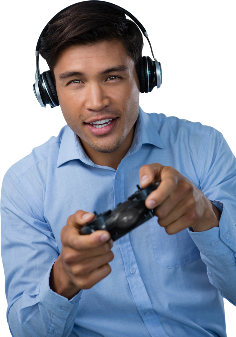 Transparent Background of Smiling Businessman Playing Video Game in Blue Shirt - Download Free Stock Images Pikwizard.com