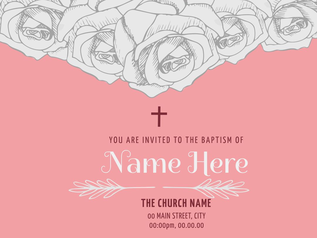 Elegant Baptism Invitation with Line Drawing of Roses