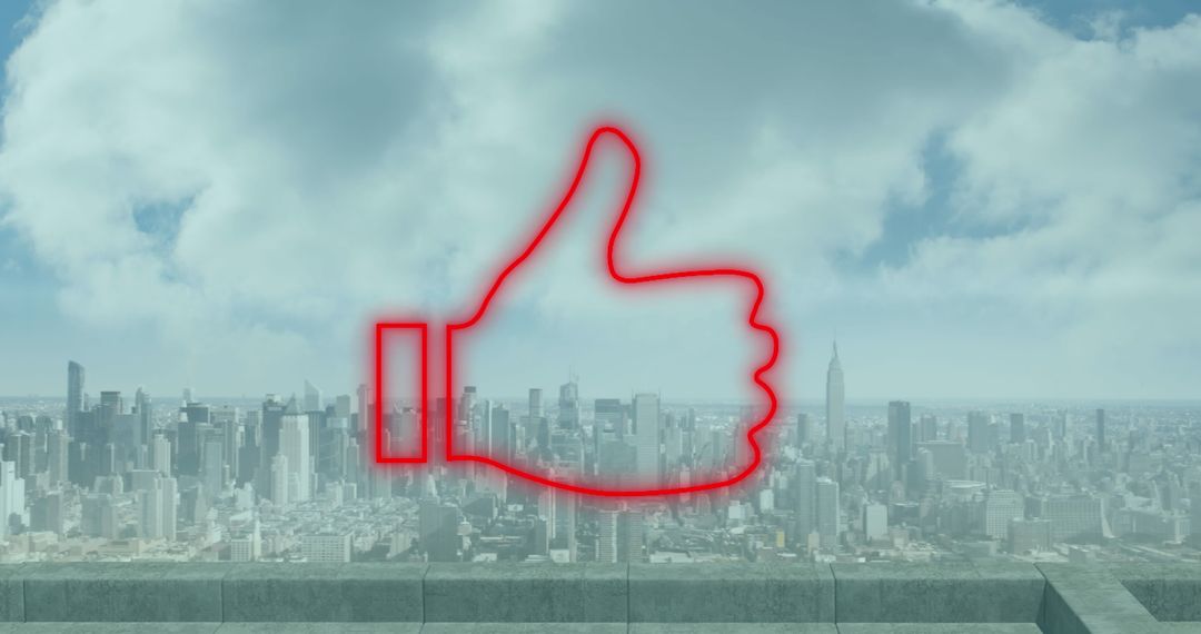 Red Thumbs Up Icon Over Metropolitan Cityscape For Positive Messaging