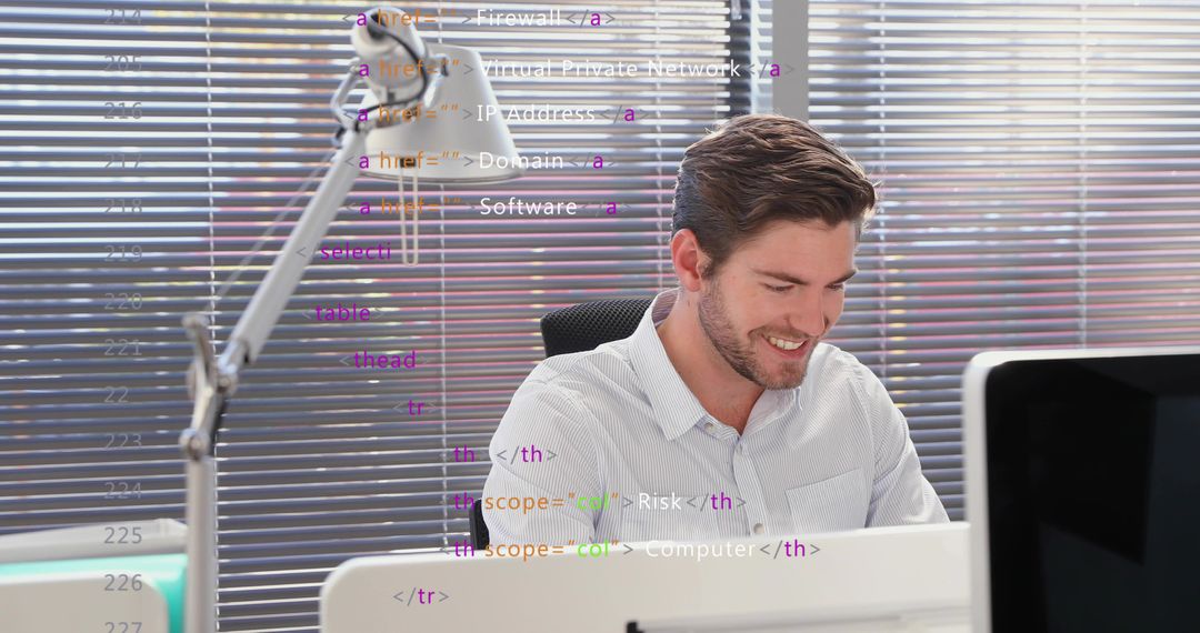 Smiling Software Developer Working on Code in Modern Workspace