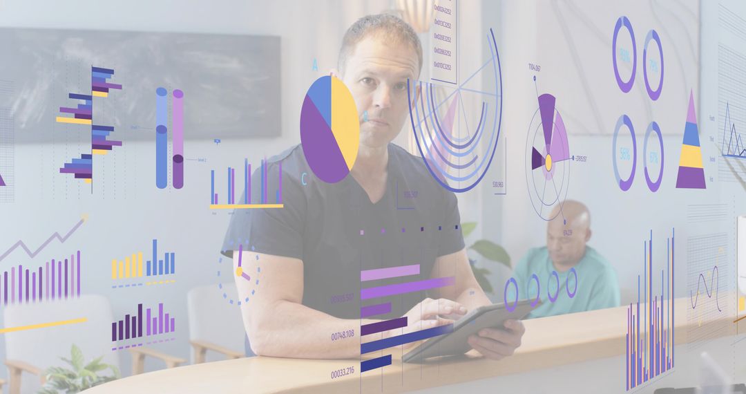 Mature man leaning at reception holding tablet with overlaid analytics and infographics