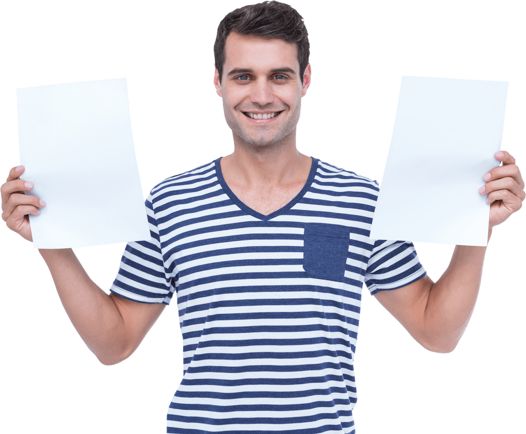 Smiling Man Holding Transparent Blank White Papers in Striped Shirt
