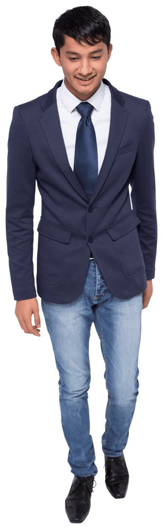 Smiling Asian Businessman Walking on Transparent Background