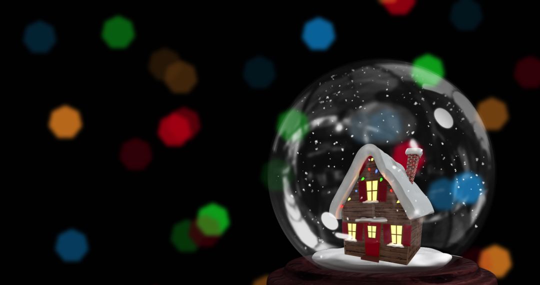 Festive Snow Globe with Cozy Cottage and Colorful Bokeh