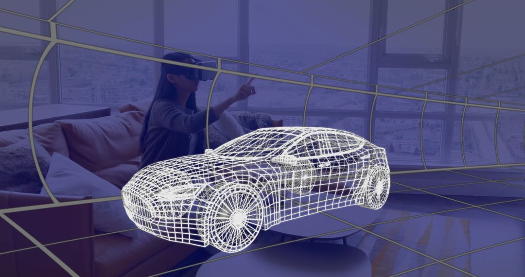 Woman Experiencing Virtual Reality Technology with Car Hologram