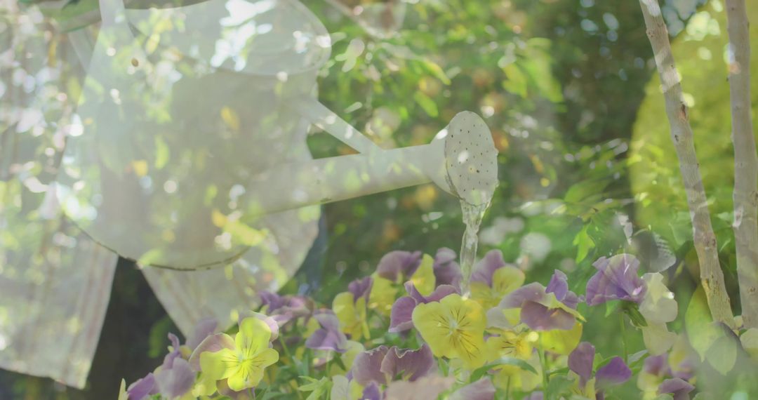 Watering Bicolored Pansies under Vibrant Sunlight