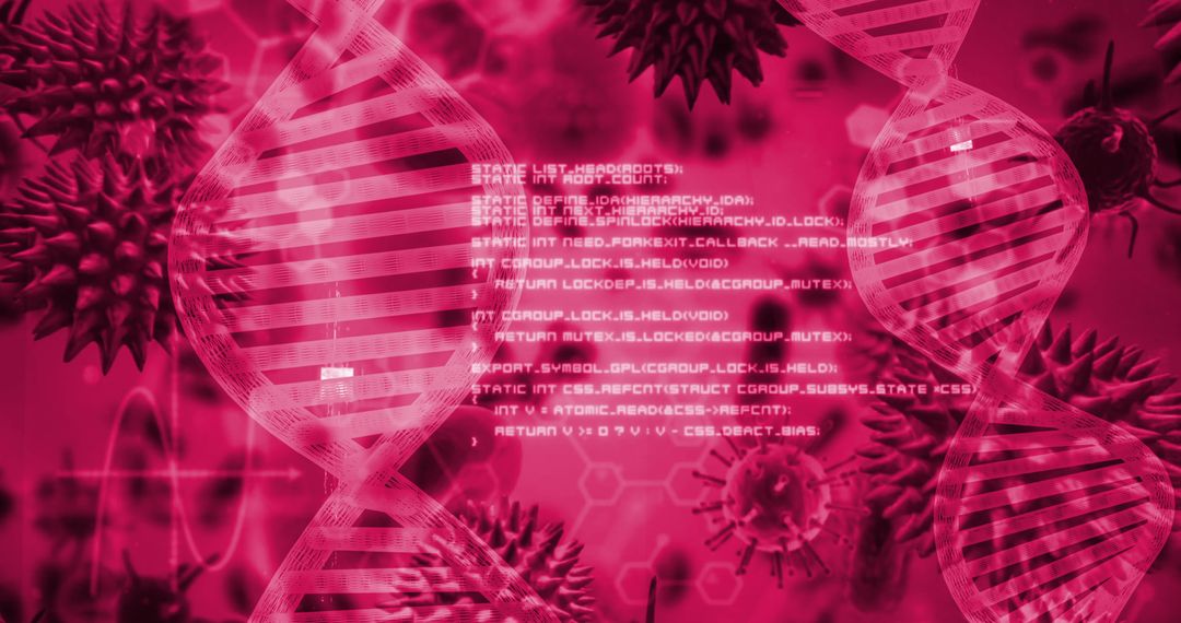 DNA Strands and Virus Cells Overlay with Tech Interface