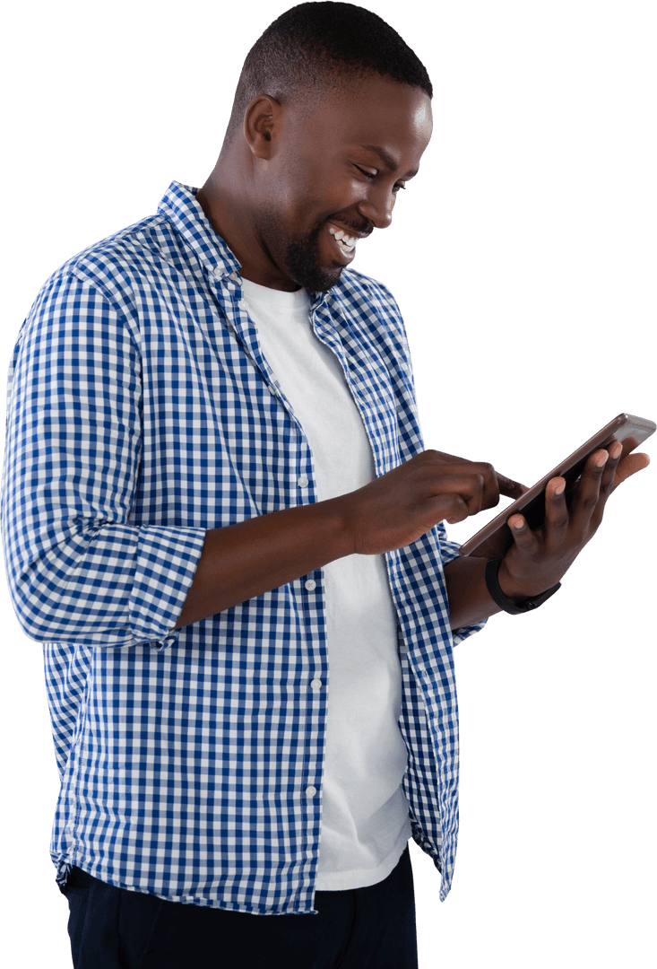 Smiling Young Man Using Transparent Digital Tablet Indoor