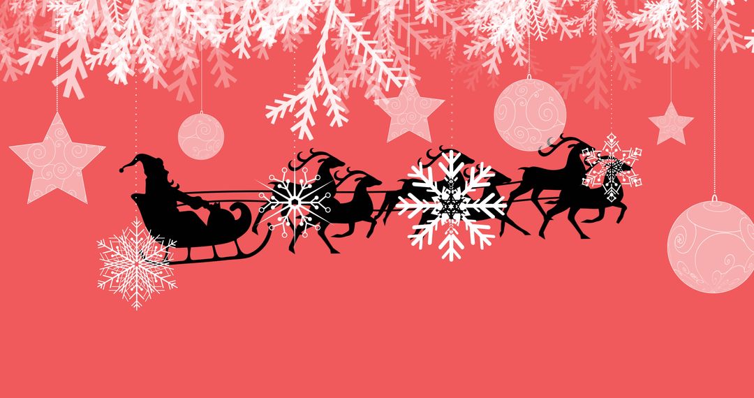 Santa in Sleigh with Reindeer and Snowflakes over Red Background