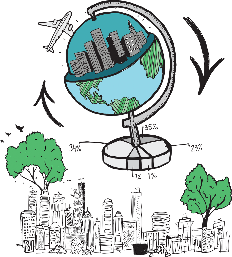 Transparent Doodle of City on Globe with Airplane