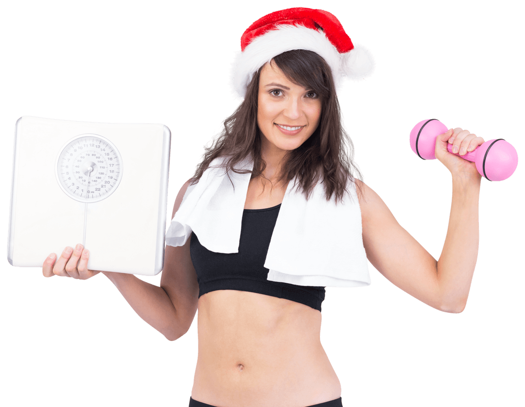 Festive Fitness Enthusiast Holding Weight Scale and Dumbbell on Transparent Background