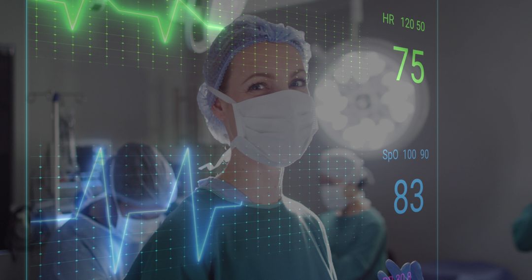 Diverse Surgeons in Operating Room with Digital Cardiograph Overlay