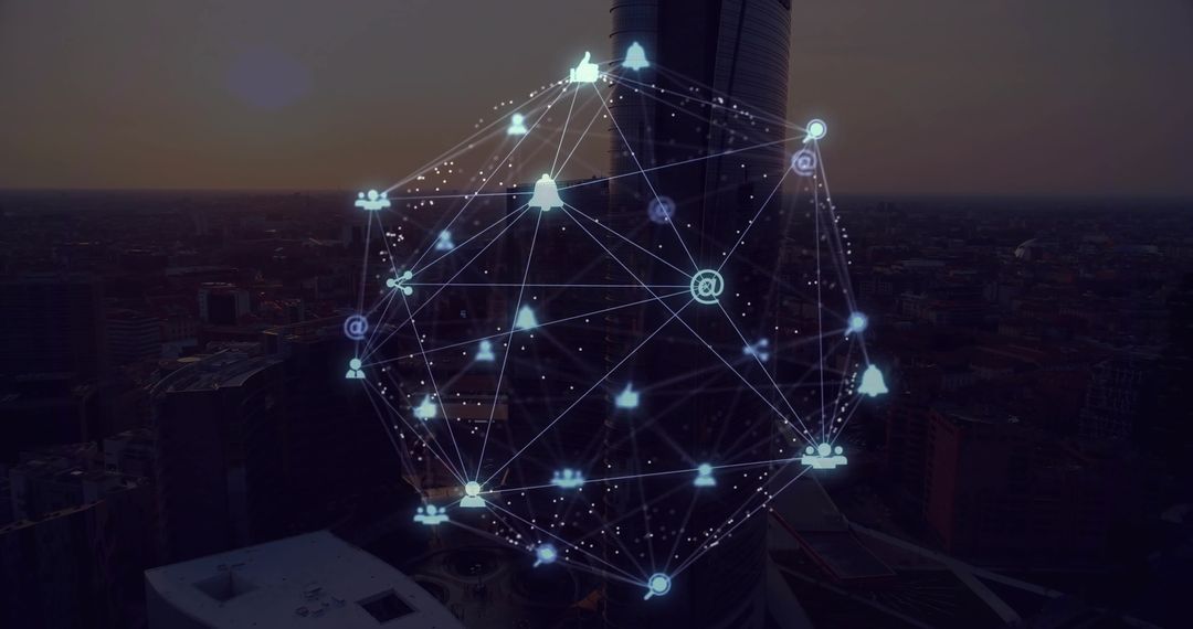 3D Network Sphere Hovering Above Skyscraper at Dusk