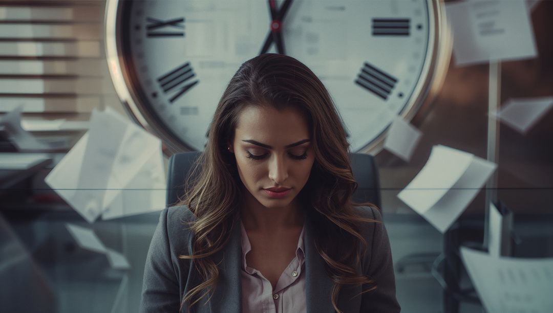 Focused Businesswoman Reviewing Documents with Floating Papers