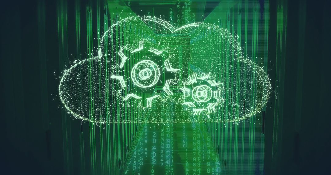 Futuristic Cloud Computing Interface with Gears and Binary Code