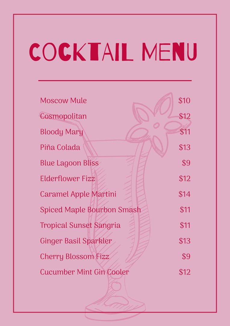 Chic Cocktail Menu with Elegant Pink Design for Bars or Events - Download Free Stock Templates Pikwizard.com