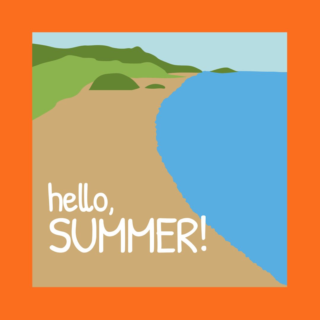 Bright Beach Illustration with Hello Summer Text