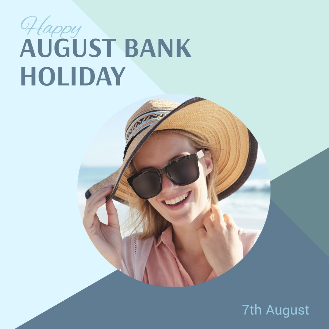 Happy August Bank Holiday Card with Smiling Woman on Beach - Download Free Stock Templates Pikwizard.com