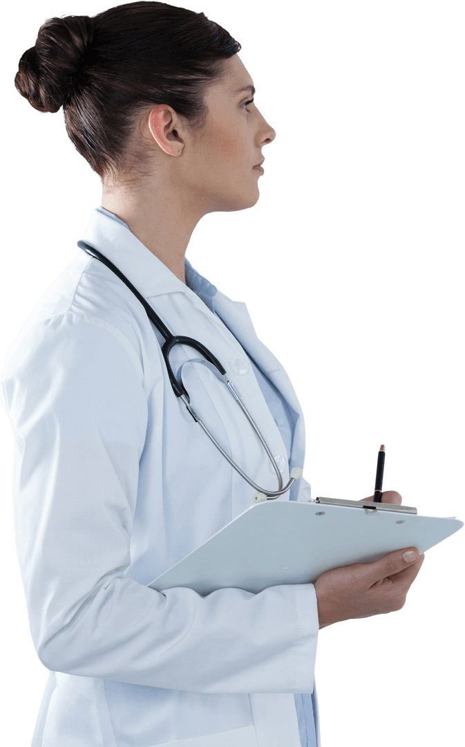 Transparent Professional Female Doctor with Clipboard in Side View