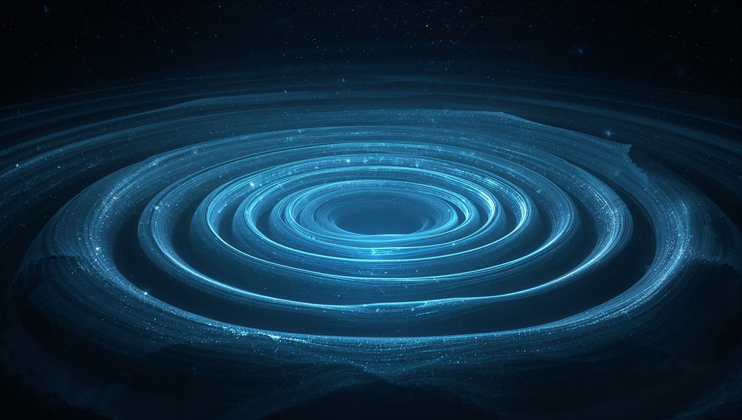 Turquoise Neon Vortex Spiraling Concentric Rings with Particle Trails in Cosmic Void