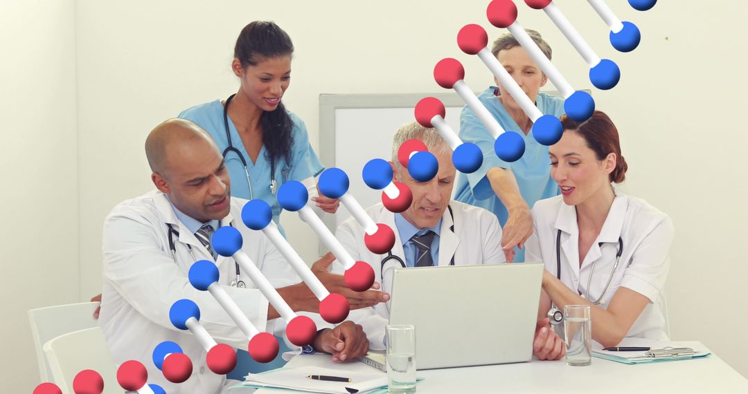 Diverse Medical Team Discussing Genetics with DNA Strand Interface